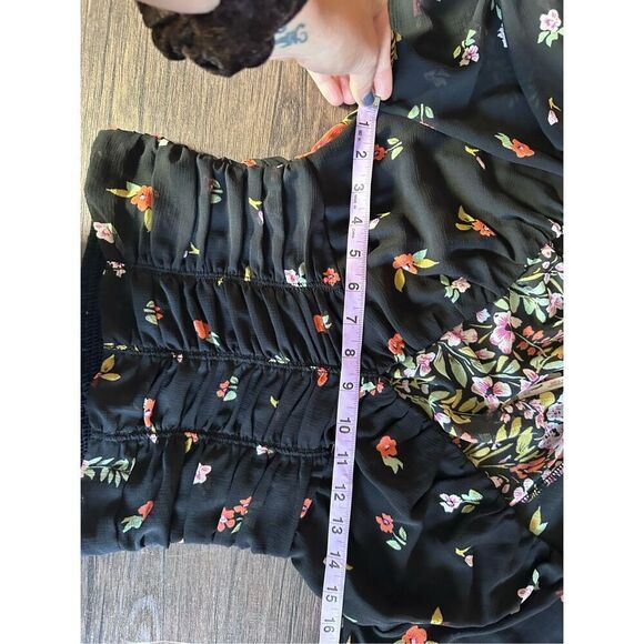 Free People Final Rose Floral Lined V Neck Balloon Sleeve Ruched Blouse Black XS - Picture 11 of 12